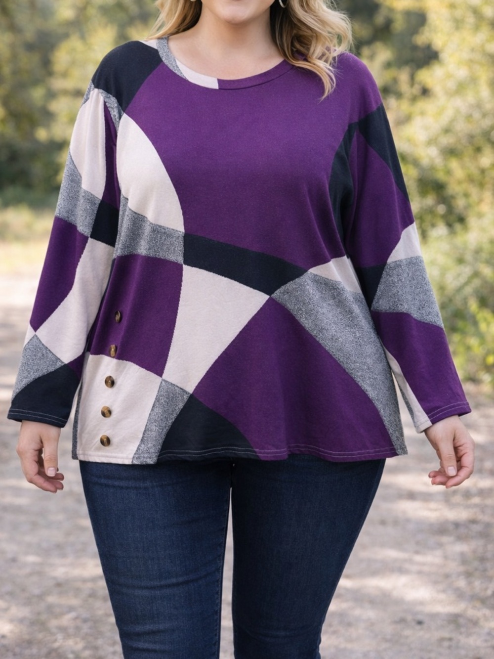 Purple Geometric Print Long Sleeve Top XXL | Colorblock Casual Tunic Style Shirt